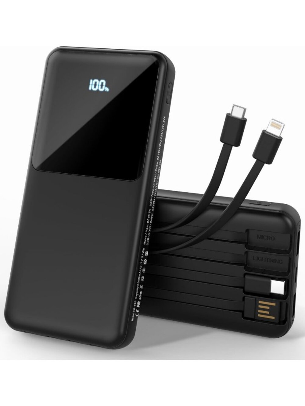 Slim 10000mAh Portable Charger with Built-in Cables, Fast Charging Power Bank, 6